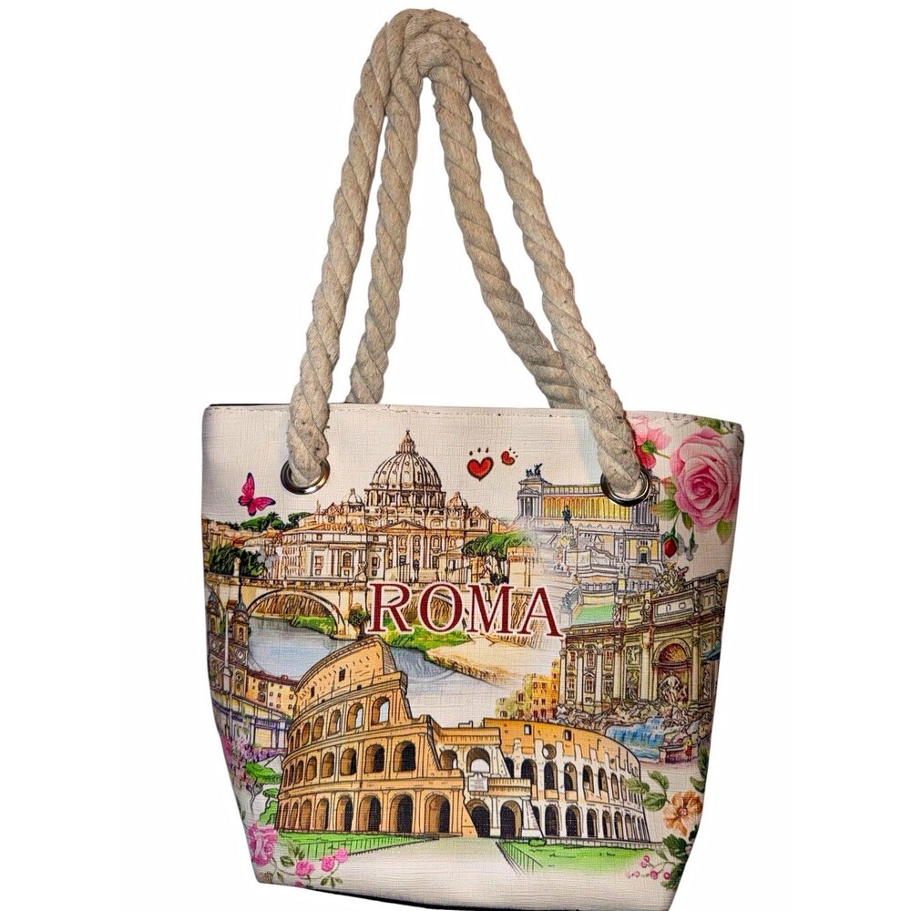 Roma Italy Colosseum Souvenir Tote Bag with Rope Handles Travel Keepsake